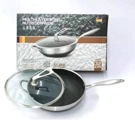 32 CM Multi-Layer Premium 304 Stainless Steel Nutrition Non stick Wok Double Frying Grill Pan 32cm 复底不锈钢炒锅