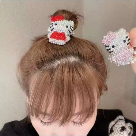 Fashion Hello Kitty Diamond Pearl Hair Tie Girls Ponytail Hairband Elastic Korean Women Accessories KT猫钻石珍珠发圈 pink